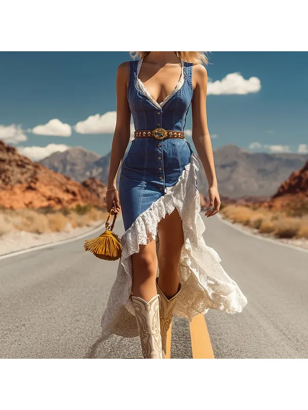 Women's Retro Western Cowboy Style Denim Lace Splicing Suspender Dress - Tulipace.com 