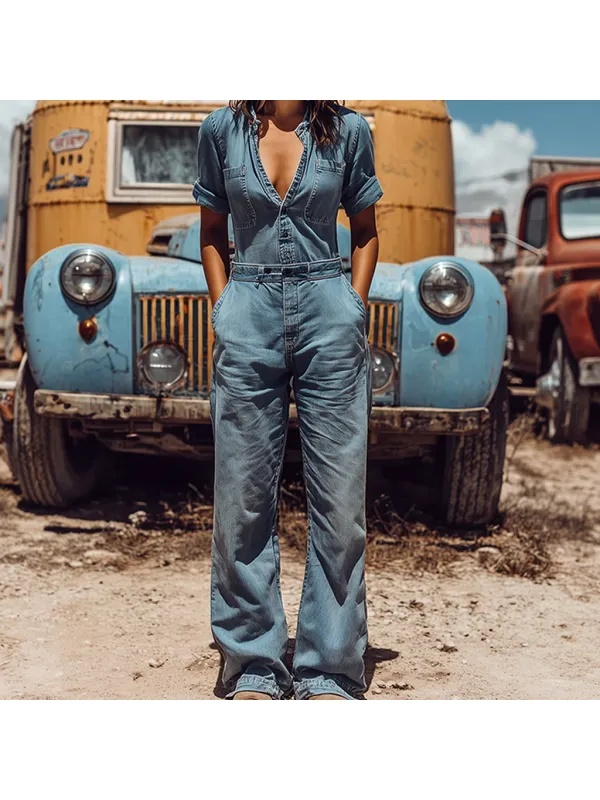 Women's Western Cowboy Style Outdoor Casual Denim Jumpsuit - Tulipace.com 