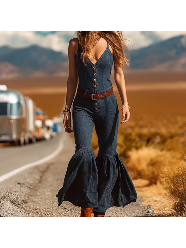 Women's Western Cowboy Style Outdoor Denim Jumpsuit With Flared Legs - Tulipace.com 