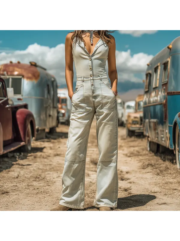 Women's Western Cowboy Style Outdoor Casual Denim Jumpsuit - Tulipace.com 