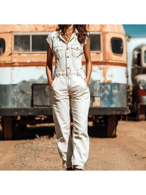 Women's Western Cowboy Style Outdoor Vintage Style White Denim Jumpsuit - Tulipace.com 