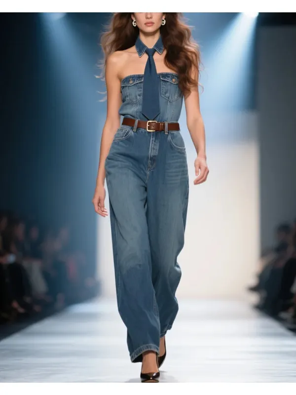 Women's Fashion Elegant Tie Design Sleeveless High Waist Denim Jumpsuit - Viewbena.com 