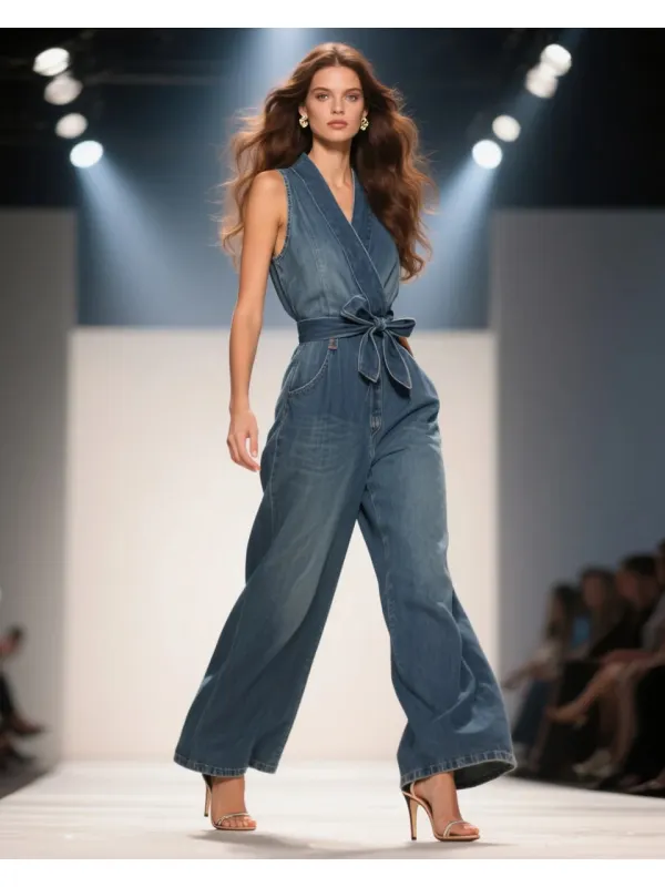 Women's Fashion Elegant Kimono V-neck Bow Tie Sleeveless High Waist Denim Jumpsuit - Tulipace.com 