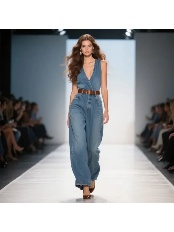 Women's Fashion Elegant Deep V Neck Sleeveless High Waist Denim Jumpsuit - Tulipace.com 