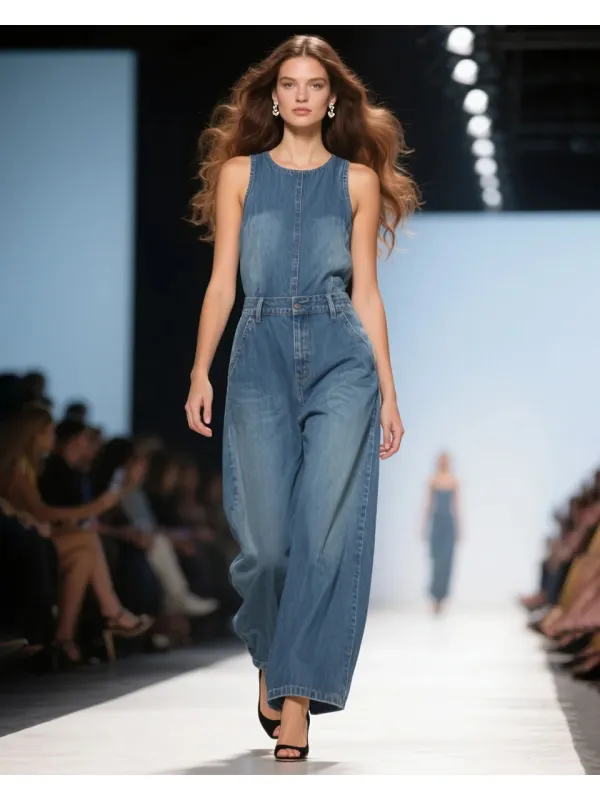 Women's Fashion Elegant Round Neck Sleeveless High Waist Denim Jumpsuit - Tulipace.com 