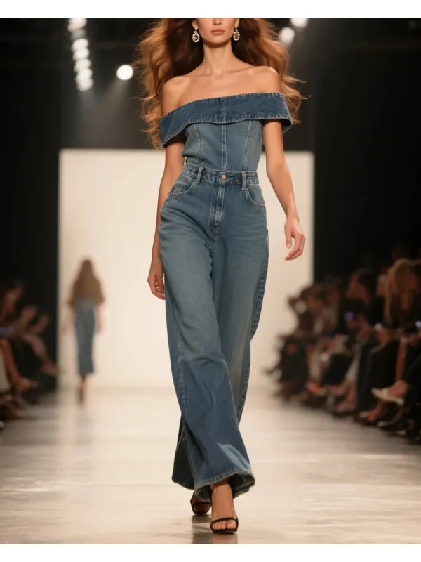 Women's Fashion Elegant One Shoulder Ruffled Sleeveless High Waist Denim Jumpsuit - Tulipace.com 