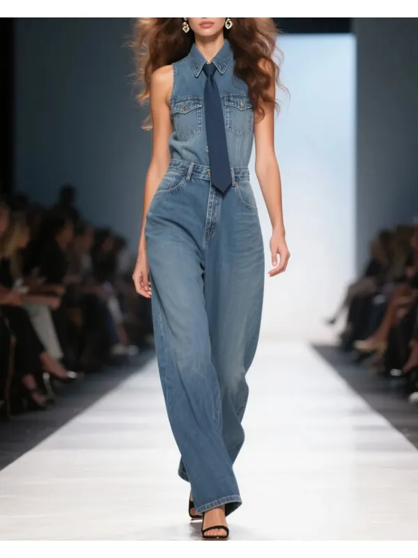 Women's Fashion Elegant Shirt Lapel Sleeveless High Waist Denim Jumpsuit - Tulipace.com 