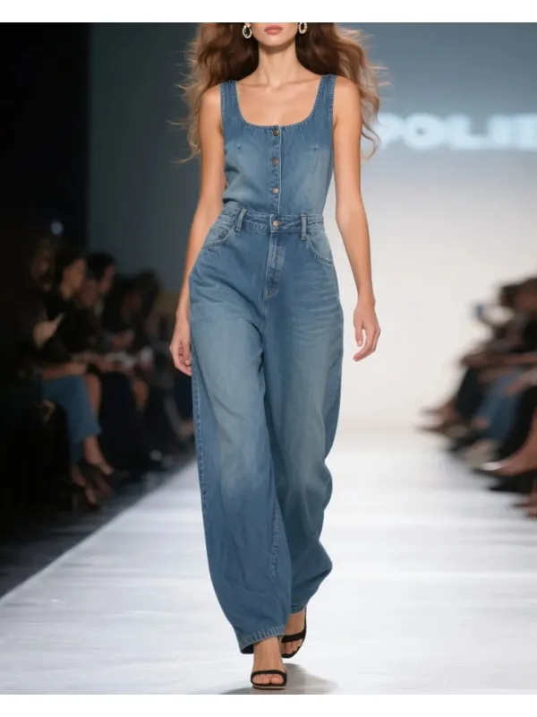 Women's Fashion Elegant Square Neck Sleeveless High Waist Denim Jumpsuit - Tulipace.com 