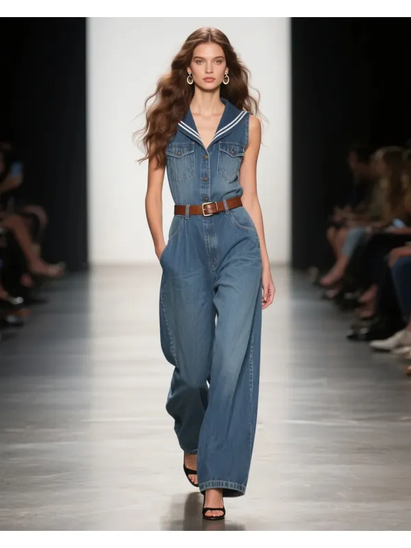 Women's Fashion Elegant Navy Collar Denim Sleeveless High Waist Jumpsuit - Tulipace.com 