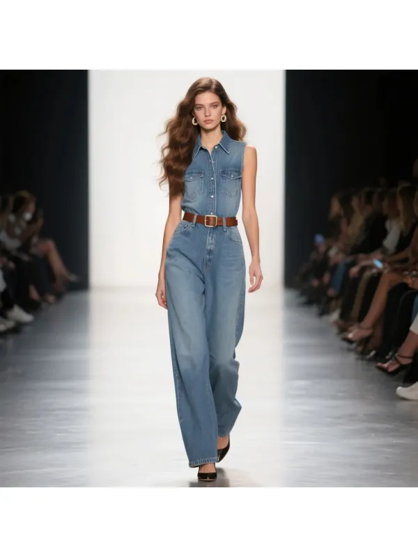 Women's Fashion Elegant Shirt Lapel Sleeveless High Waist Denim Jumpsuit - Geocici.com 