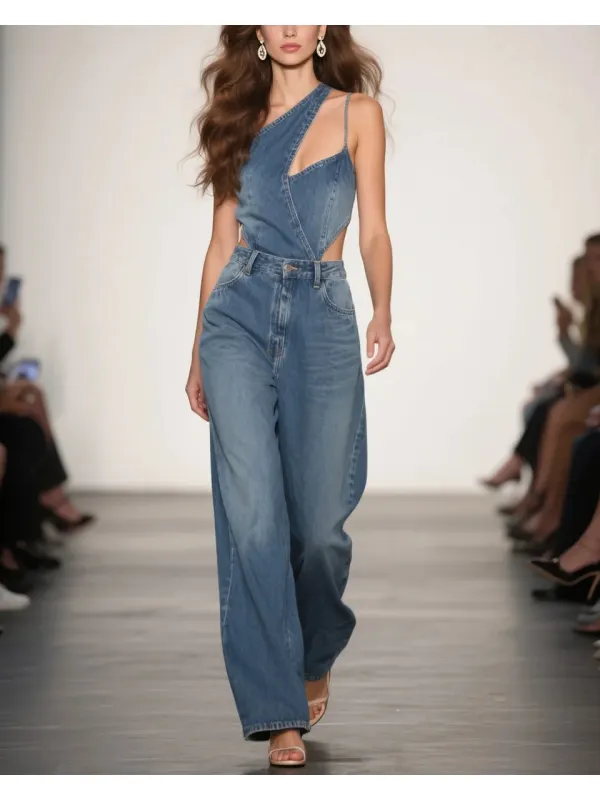Women's Fashion Elegant Irregular Cut Design Sleeveless High Waist Denim Jumpsuit - Tulipace.com 