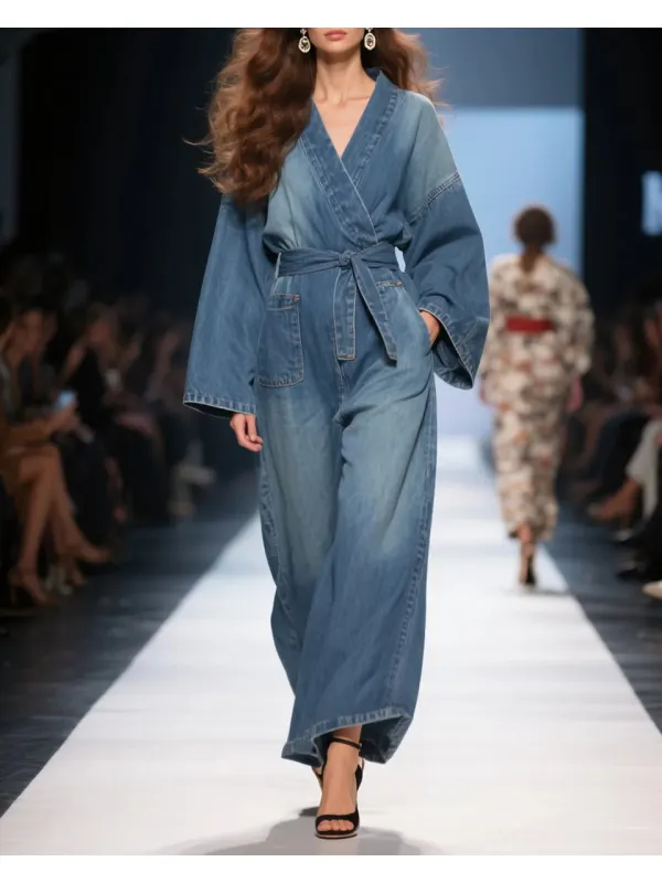 Women's Fashion Elegant Kimono V-neck Lace-up Long Sleeve High Waist Denim Jumpsuit - Tulipace.com 