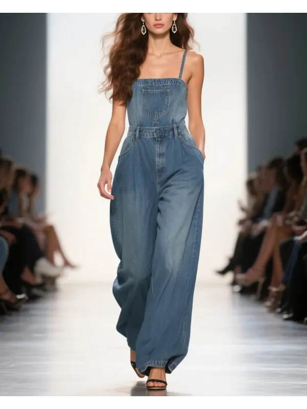 Women's Fashion Elegant Suspender Sleeveless High Waist Denim Jumpsuit - Tulipace.com 
