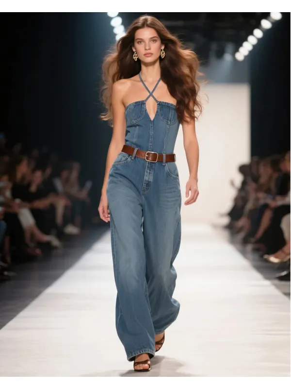 Women's Fashion Elegant Cross Halter Sleeveless High Waist Denim Jumpsuit - Viewbena.com 