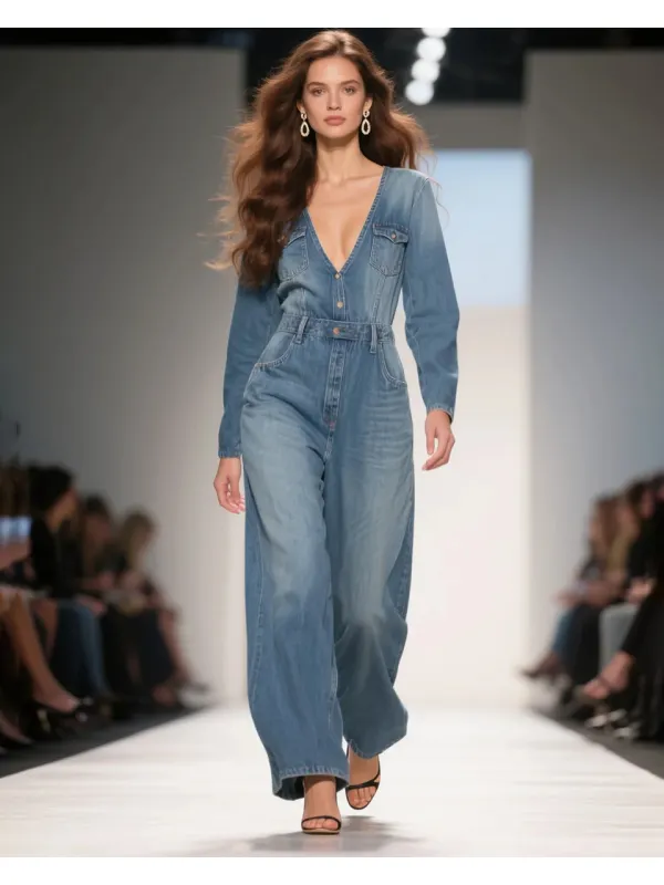 Women's Fashion Elegant Long Sleeve V-Neck High Waist Denim Jumpsuit - Tulipace.com 