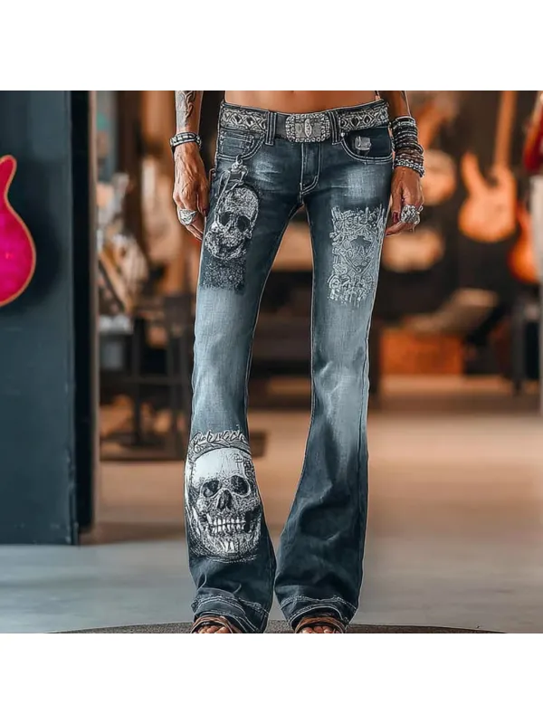 Women's Punk Rock Band Skull And Cross Print Blue Jeans - Geocici.com 