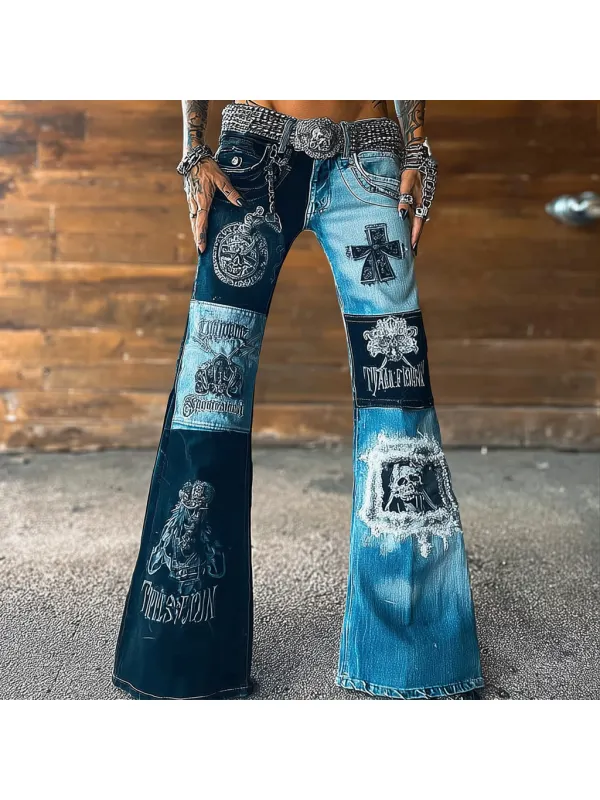 Women's Rock Vintage Print Distressed Jeans - Geocici.com 