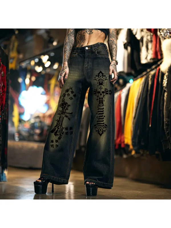 Women's Punk Rock Gothic Cross Skull And Roseloose Wide-leg Jeans - Viewbena.com 