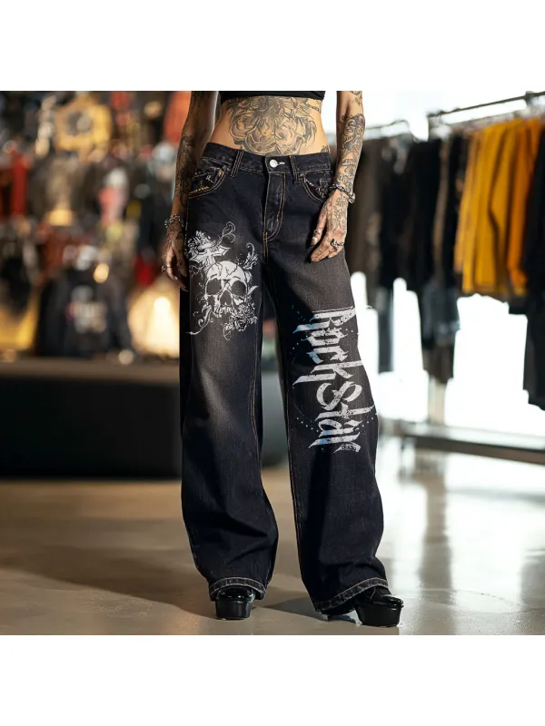 Women's Punk Rock Skull Loose Wide-leg Jeans - Viewbena.com 