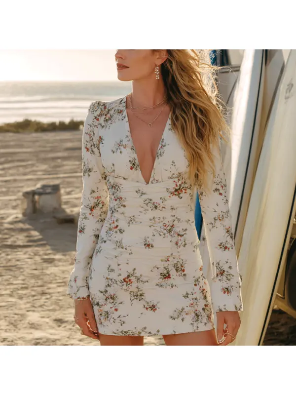 Floral Print Deep V-Neck Mini Dress For Summer Beach Outfits - Geocici.com 