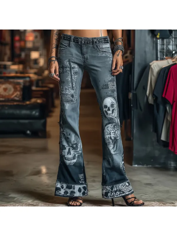 Women's Punk Rock Skull Flared Print Casual Pants - Geocici.com 