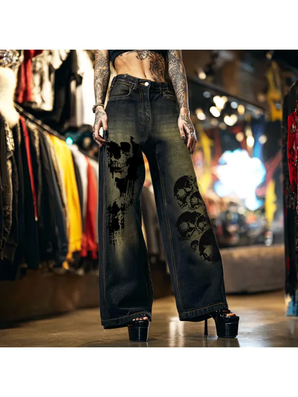 Women's Punk Rock Gothic Cross Skull Jeans - Geocici.com 
