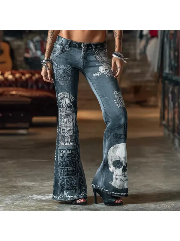 Women's Punk Rock Skull Flared Print Casual Pants - Viewbena.com 