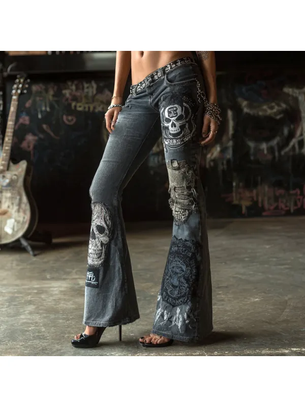 Women's Punk Rock Skull Flared Print Casual Pants - Viewbena.com 