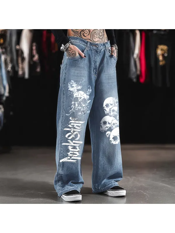 Women's Punk Rock Gothic Cross Skull Jeans - Viewbena.com 