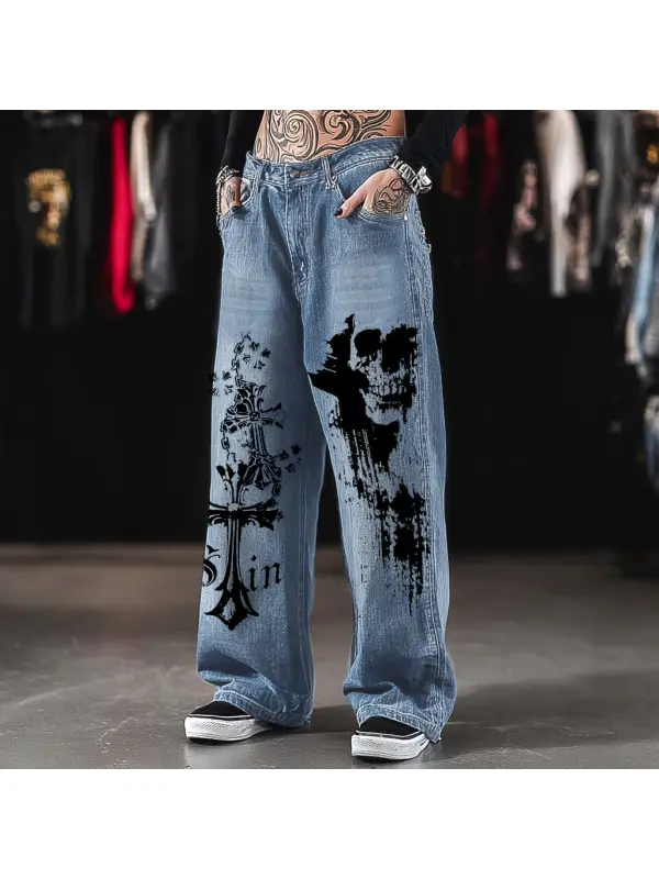 Women's Punk Rock Gothic Cross Skull Jeans - Geocici.com 