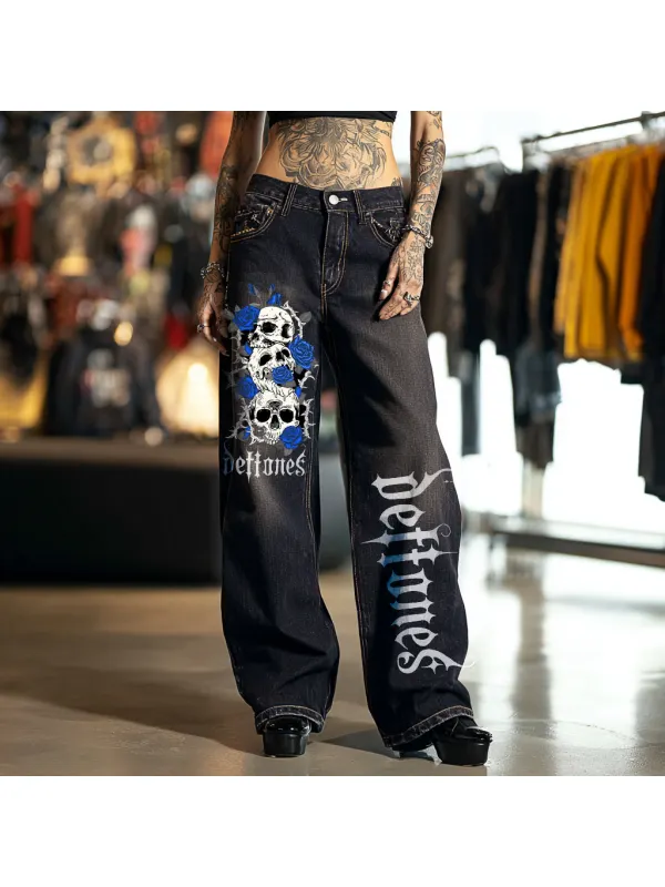 Women's Punk Rock Skull And Roseloose Wide-leg Jeans - Geocici.com 