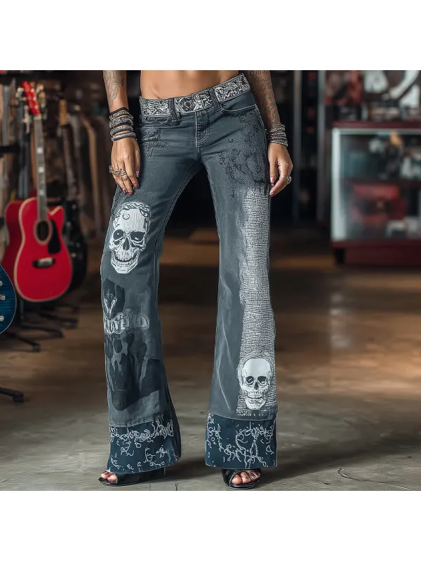 Women's Punk Rock Skull Flared Print Casual Pants - Geocici.com 