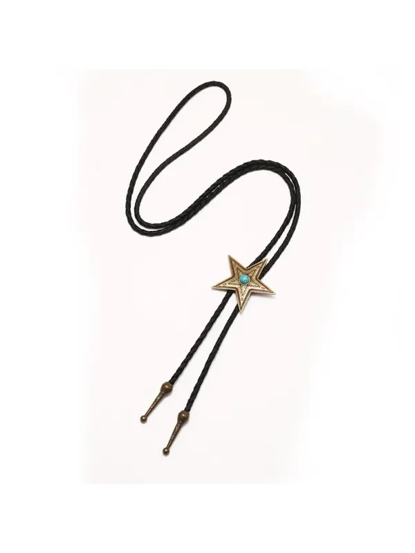 Retro Western Punk Style Five-Pointed Star Turquoise Alloy PU Bolo Necklace - Hoplady.chimpone.com 