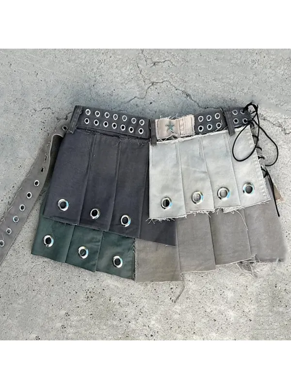 Punk Retro Style Patchwork Denim Skirt With Eyelets - Hoplady.chimpone.com 