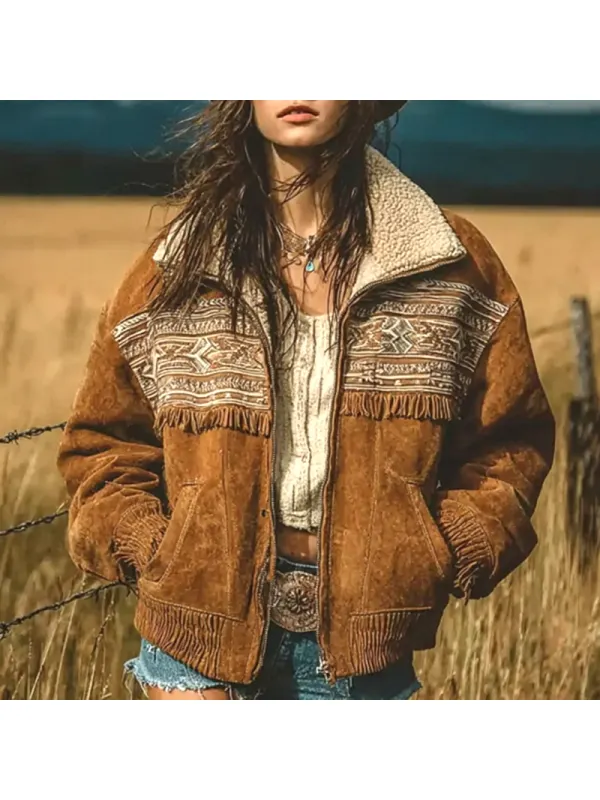 Women's Brown Lapel Retro Print Loose Casual Polar Fleece Suede Jacket - Hoplady.chimpone.com 