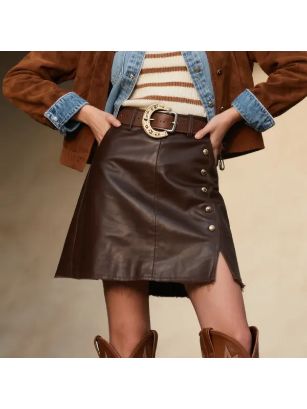 Women's Vintage Chic Leather Skirt With Metal Buckle Side Slits - Hoplady.chimpone.com 