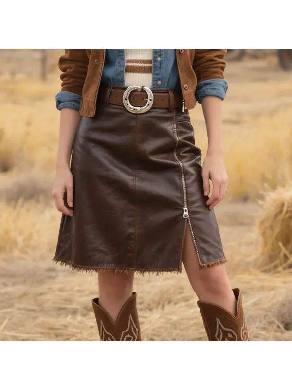 Women's Western Style Leather Skirt With Raw Hem And Zipper - Hoplady.chimpone.com 