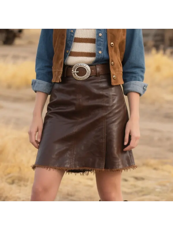 Women's Vintage Country Bohemian Leather Skirt With Raw Edge - Hoplady.chimpone.com 