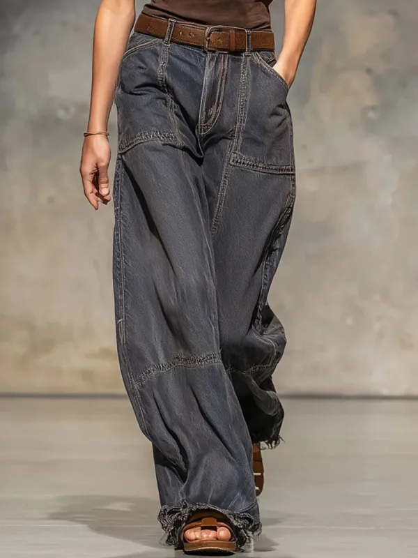 Vintage Loose Raw Edge Dark Gray Wide-leg Jeans - Hoplady.chimpone.com 