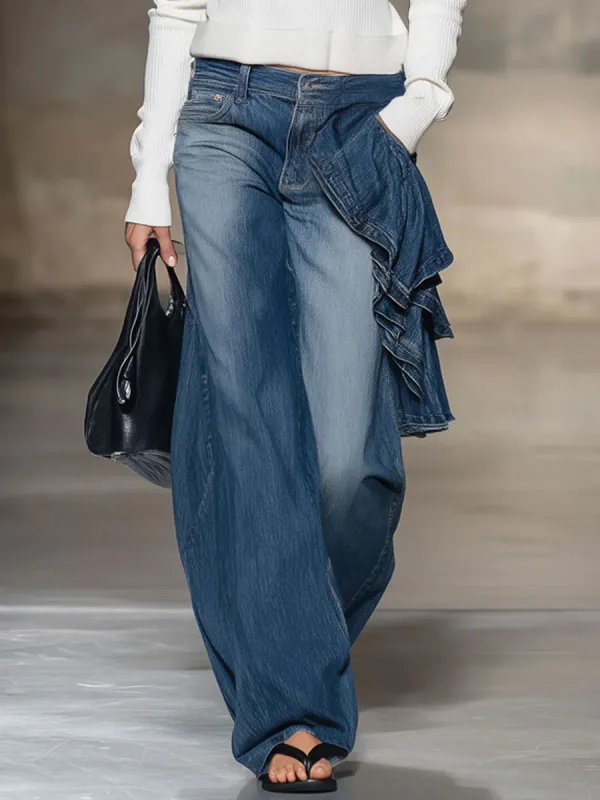 Retro Fashion Ruffled Wide-Leg Blue Jeans - Hoplady.chimpone.com 