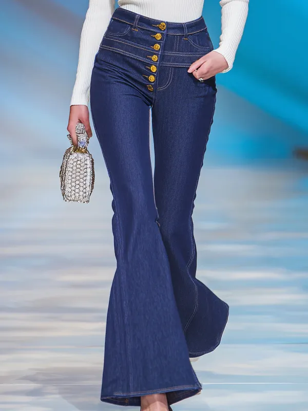 Retro Elegant Dark Blue Single-breasted Dark Blue Denim Flared Pants - Hoplady.chimpone.com 