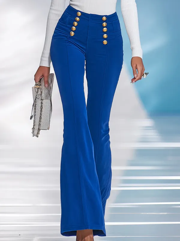 Stylish And Elegant Gold Double-breasted Blue Flared Trousers - Hoplady.chimpone.com 