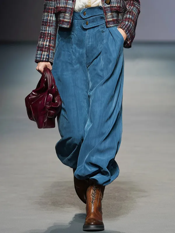 Retro Fashion Button-Decorated Blue Wide-Leg Pants - Hoplady.chimpone.com 