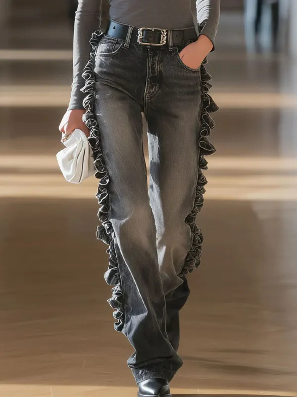 Retro Ruffled Distressed Washed Jeans - Hoplady.chimpone.com 