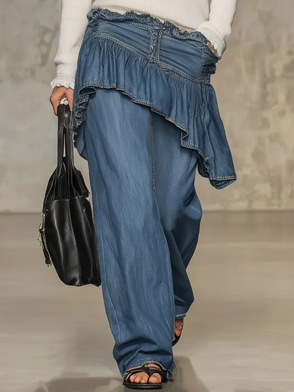 Retro Fashion Ruffled Skirt Spliced With Wide-Leg Blue Jeans - Hoplady.chimpone.com 