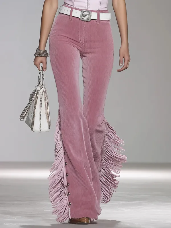 Pink Corduroy Flared Trousers With Tassels And Rivets - Hoplady.chimpone.com 