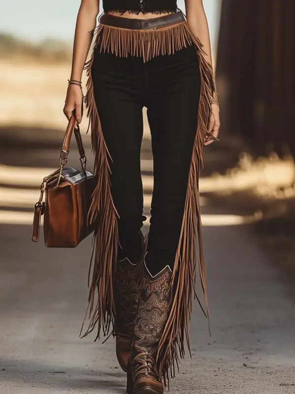 Casual Western Waist Side Fringe Detail Black Denim Cotton Pencil Pants - Hoplady.chimpone.com 