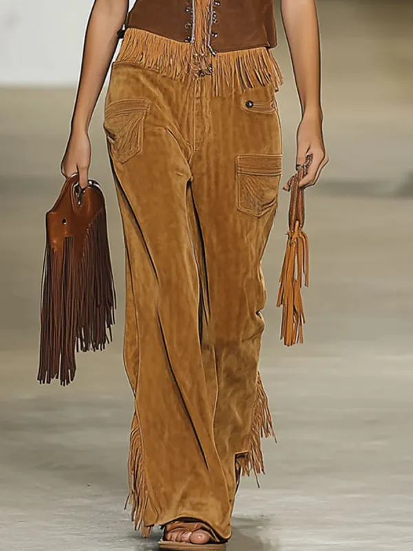 Casual Loose Retro Caramel Suede Rivet Tassel Wide-leg Pants - Hoplady.chimpone.com 