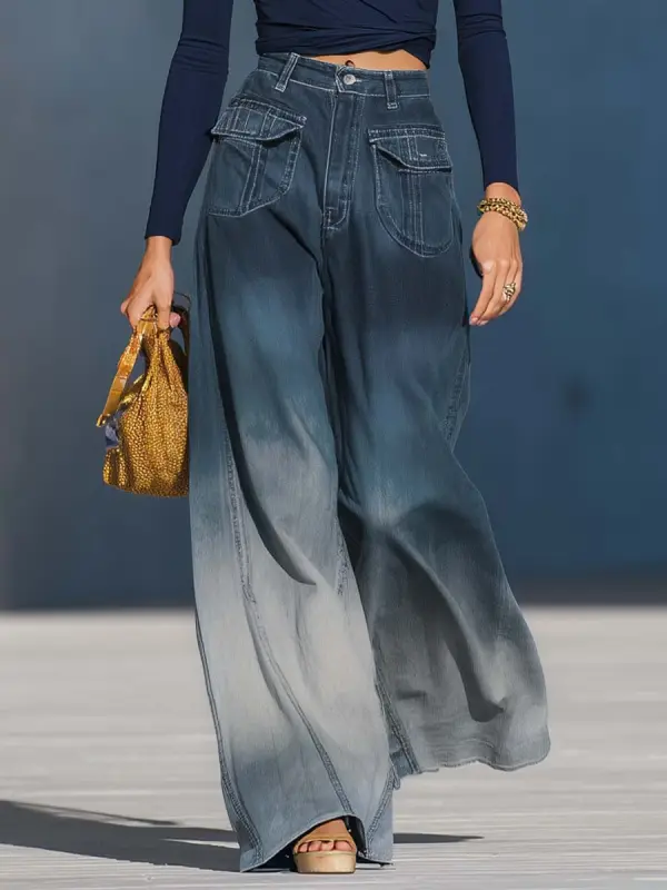 Casual Fashion Gradient Washed Denim Blue Gray Loose Pants - Hoplady.chimpone.com 