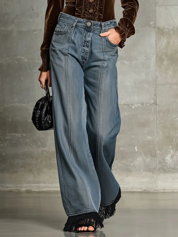 Western Vintage Tassel Wide-Leg Gray-Blue Jeans - Hoplady.chimpone.com 